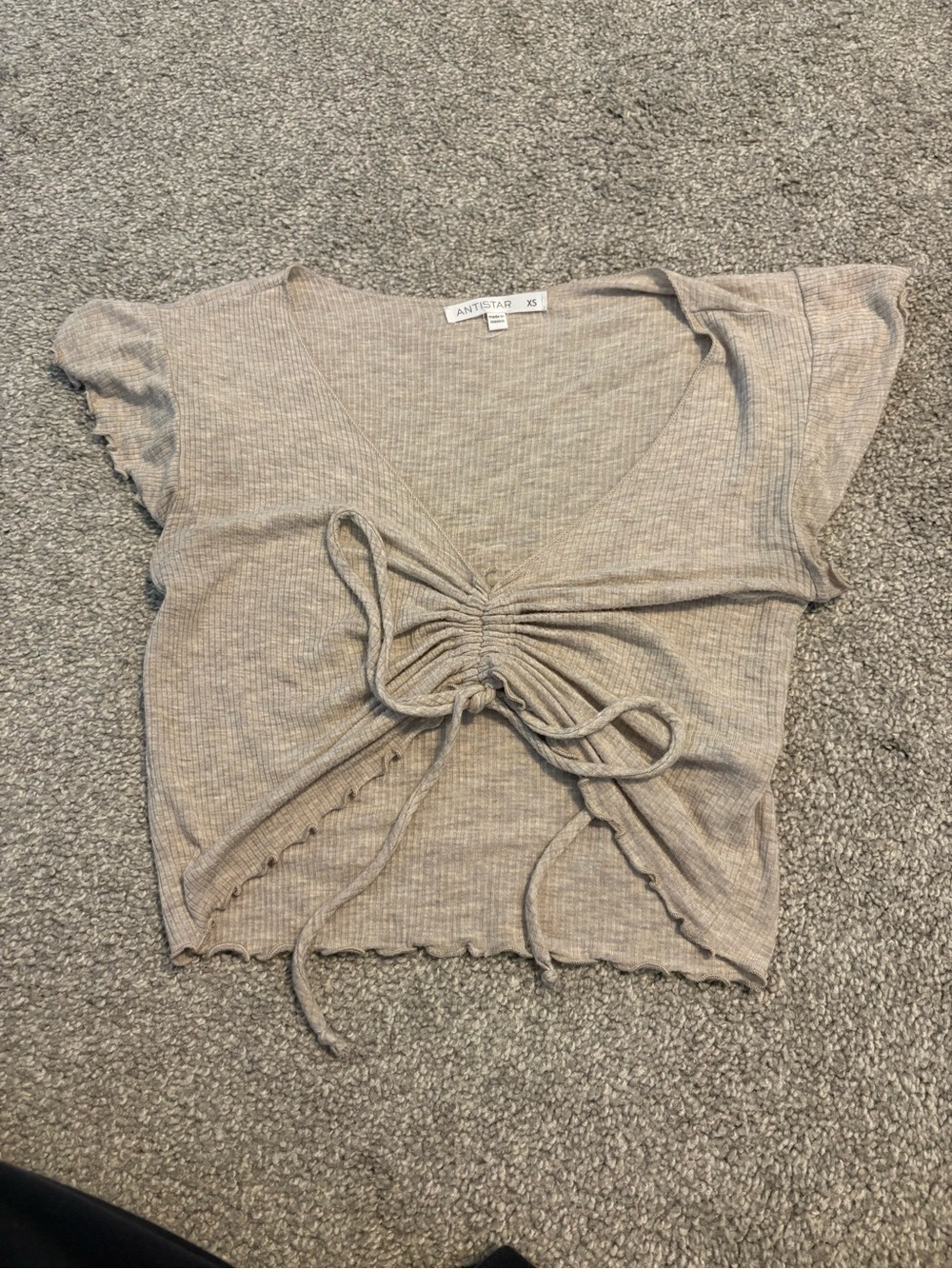 Neutral Beige Ribbed Drawstring V-Neck Crop Top